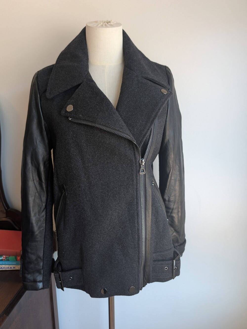 Charcoal Wool Blend Moto Style Jacket With Black Leather Sleeves And Details